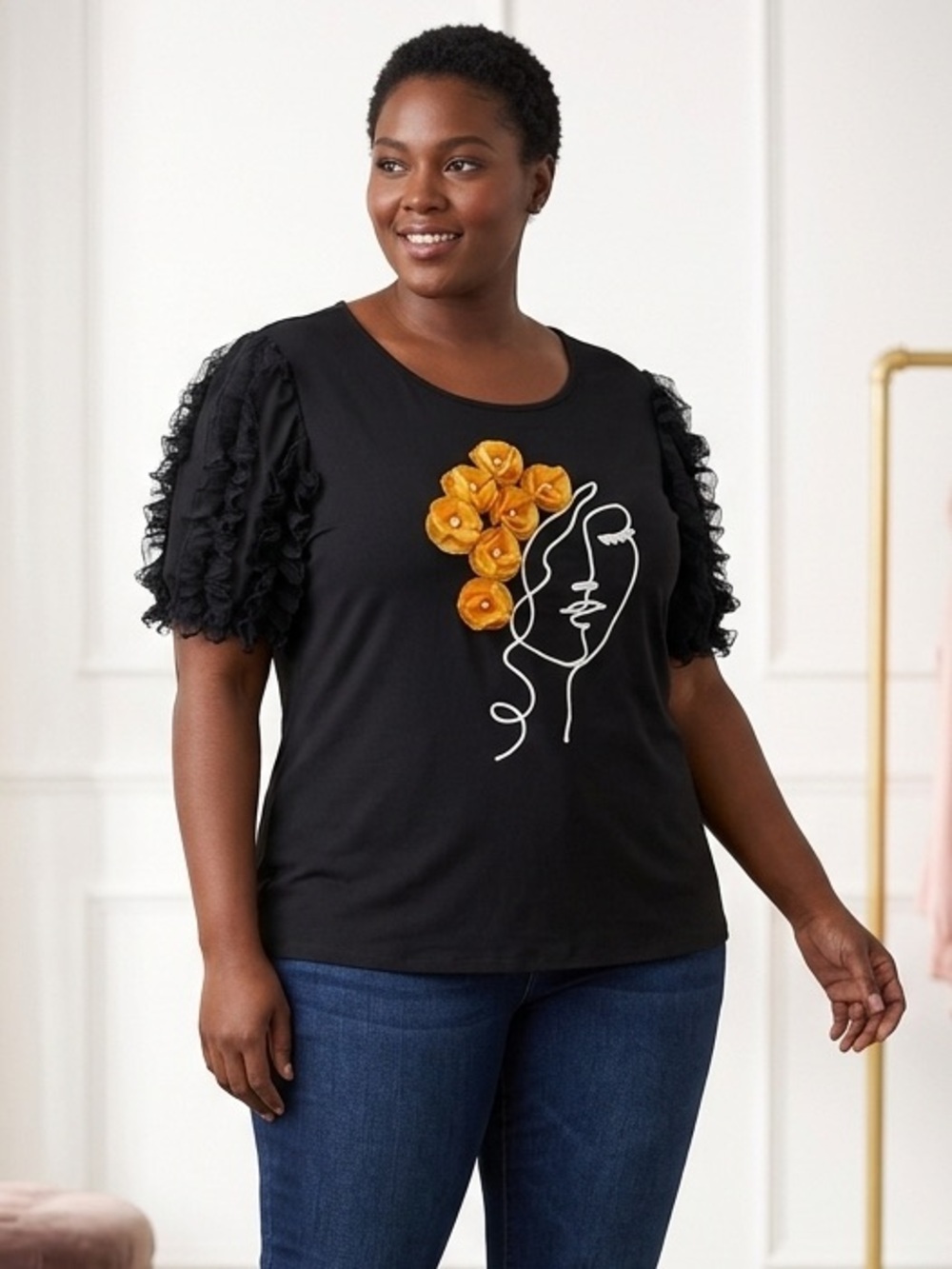 Ashley Stewart Black Short Sleeve Tee with Yellow Floral Accent